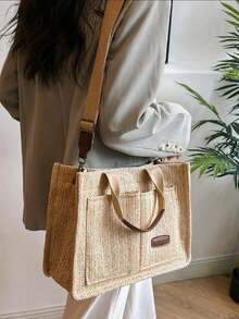 Spring Canvas Solid Color Practical Tote Bag, Shoulder Bag, Mommy Bag, Lunch Bag, Large Capacity Handbag, Briefcase - Khaki - View 6