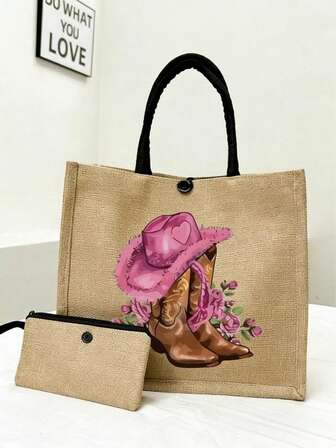1 Set Includes: Large Capacity Fashion Tote Bag & Mini Wallet, Stylish Pink Denim Bucket Hat & Boots Design, Suitable For Travel Outfit, Handbag & Cosmetic Bag, Multifunctional Tote Bag Set With Shoulder & Handheld Features. Women's Linen Material Large Capacity, Multipurpose Tote Bag, Great Gift For Female Friends