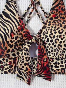 女士豹纹性感打结比基尼套装，适合海滩度假 - 暗紅豹紋 - 查看 3
