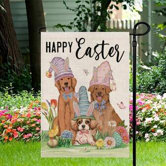 1pc Garden Flag Easter Bunny Ears Dog Family Floral Eggs Decoration Spring Double Sided Vertical Burlap Garden Flag Rustic Farmhouse Holiday Party Outdoor Yard Banner No Flag Pole 12X18 Inch
