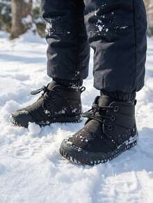 1 Pair New Style Boys' Classic Versatile Black Mid-Calf Thermal Lined Snow Boots, Drawstring Laces, Round Toe, Soft And Flat Sole, Comfortable And Warm, Suitable For Outdoor Activities, Snow Play, School And Holiday Outfits, Back To School Season - Black - View 2