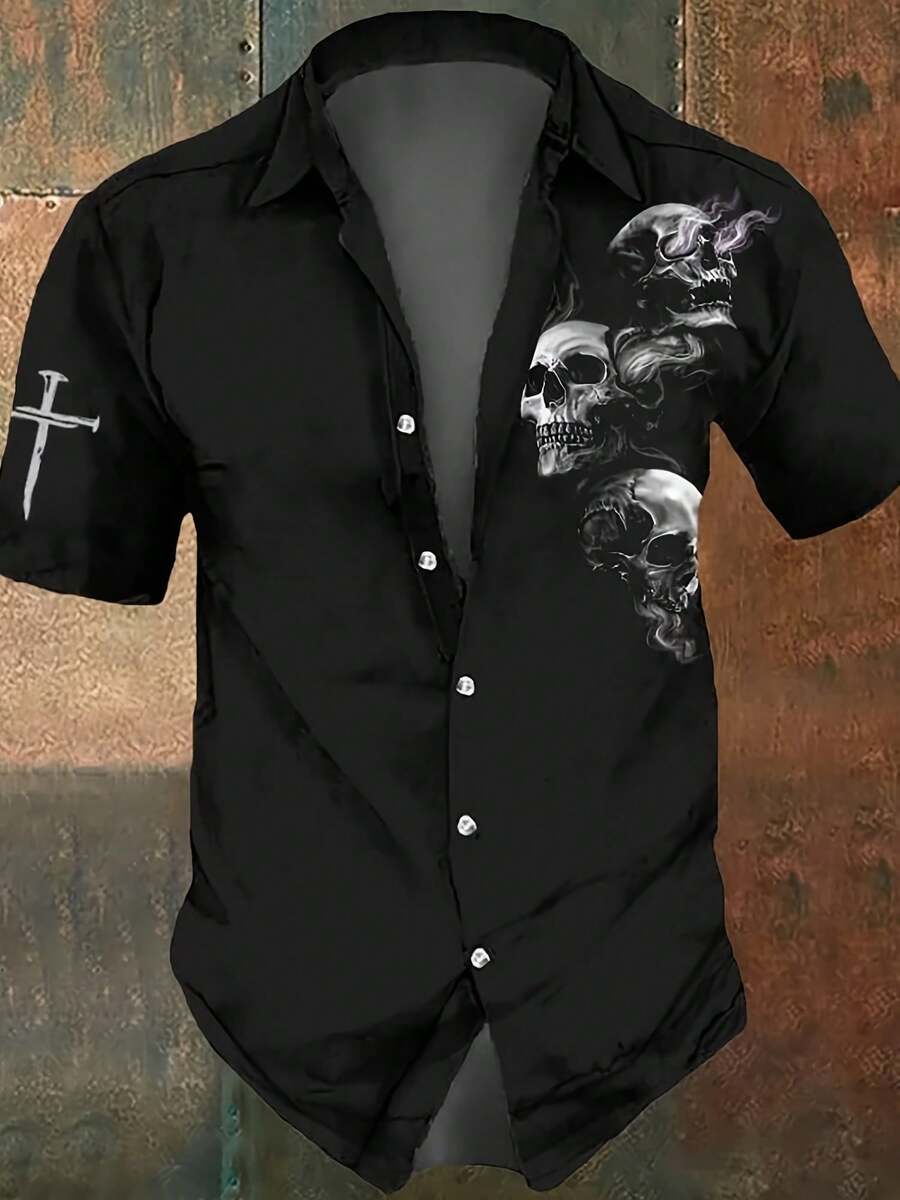 Men'S Lightweight Polyester Shirt With Skull Graphic - Casual Short Sleeve Button-Up, Machine Washable, Sporty & Stylish For Summer, Regular Fit, Nonelastic Fabric, Smooth Texture, Everyday Shirt |   Bold Pattern Shirt |   Smooth Texture Shirt - 彩色 - 查看 1