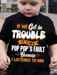 Camiseta Casual de Verano para Niños con Impresión Si Nos Metemos en Problemas, Culpa de Mi Papá - Camiseta Negra de Manga Corta y Cuello Redondo, Ligera y Transpirable para Jugar al Aire Libre, Camisetas para Niños, Camiseta Gráfica Juguetona, Ajuste Cómodo - Negro - Ver 1