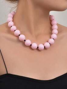1pc Pink Acrylic Beaded Necklace, Suitable For Women's Daily And Party Wear - Baby Pink - View 1