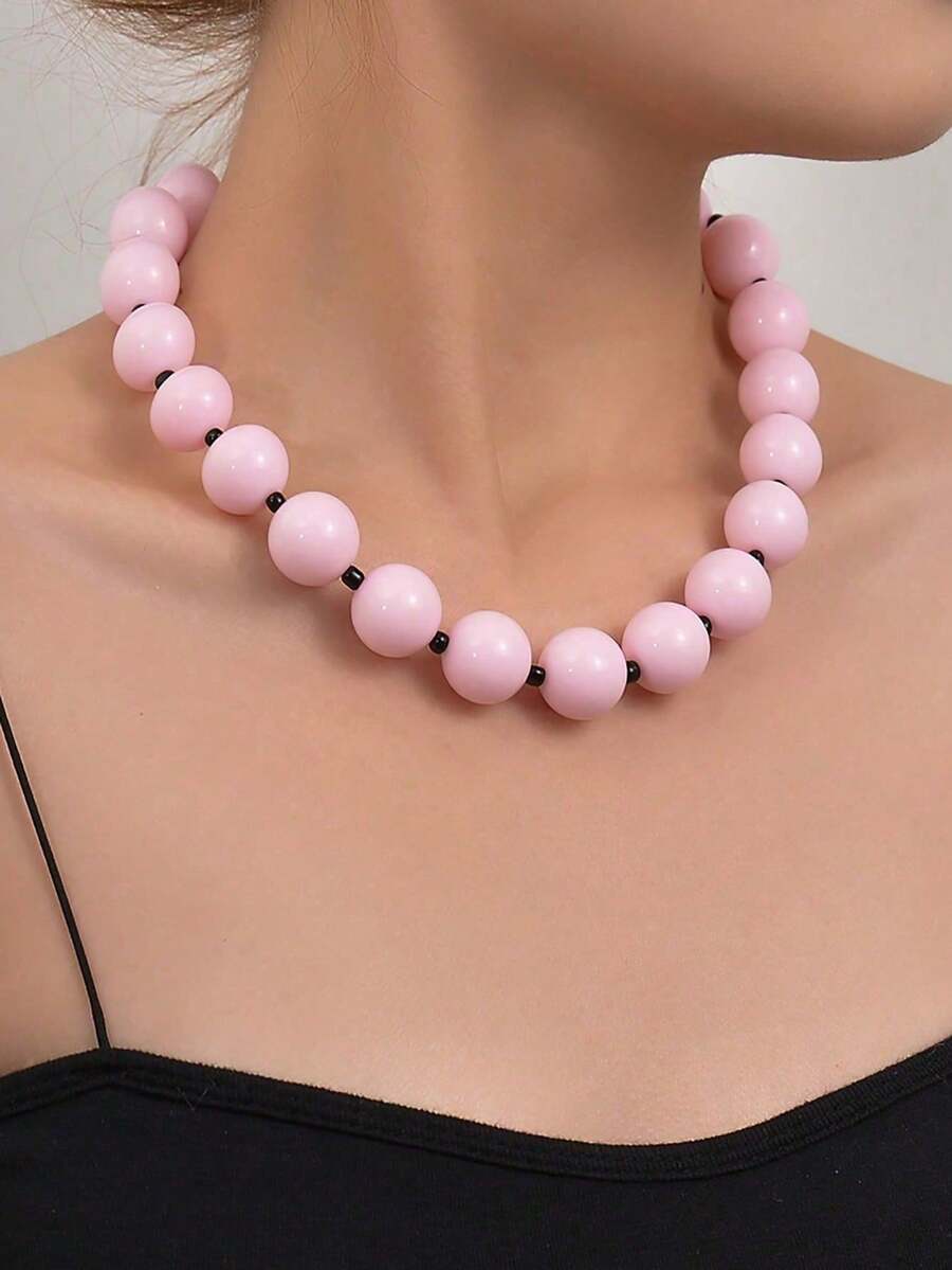 1pc Pink Acrylic Beaded Necklace, Suitable For Women's Daily And Party Wear - Baby Pink - View 1