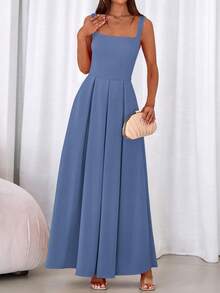 Women Summer Sleeveless Square Neck High Waist Flowy Long Dress Elegant Formal Wedding Guest Cocktail Valentine Long Maxi Dress Outfits - 灰藍色 - 查看 3