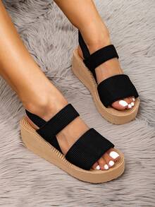 Giày sandal đế xuồng mùa hè cho nữ, sandal đế xuồng, sandal espadrille hở mũi quai ngang cổ chân màu đen cổ điển, giày lười đi biển ngoài trời. - màu đen - Xem 2