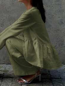 Look Polly Women's 2-Piece Casual Everyday Matching Set, Single-Breasted Long Sleeve Top Paired With Straight Wide-Leg Pants, Suitable For Valentine's Day Date Night, Carnival Parties, And Beach Vacation - Army Green - View 7