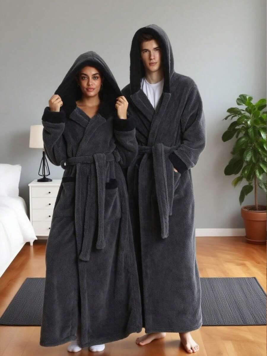 一套男女通用纯色连帽柔软绒毛睡袍 - 冬季加厚保暖长款家居服套装，配有可调节腰带和深侧袋，穿着极其温暖舒适，适合居家休闲、舒适看电视、快速购物和寒冷天气下的社区散步，男女皆宜的防寒情侣睡衣。 - 彩色 - 查看 1