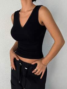 Sexy & Fashionable Versatile Deep V-Neck Sleeveless Women Knit Camisole Top, Spring/Summer New Arrival,Tops,Summer Outfits - Black - View 6