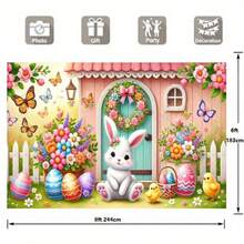 2D平面横幅，单件装，色彩鲜艳的复活节兔子和彩蛋派对横幅 - 100% 涤纶，多色设计，春日场景，非常适合室内外庆祝活动、影棚背景、复活节庆祝活动装饰 | 充满奇思妙想的复活节主题 | 高级节日横幅，兔子主题配件