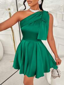 AIJ Amarilo 女士秋冬圣诞单肩缎面迷你连衣裙 - 蝴蝶结腰身，大A字廓形，纯色 - 性感风格，适合鸡尾酒会、晚宴和舞会，优雅夏季 - 墨綠色 - 查看 6