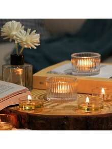 1pc Transparent Glass Candle Holder, Elegant Holiday Tabletop Candle Holder Decor, Transparent Vertical Striped Glass Candle Holder, Candle Base, Candle Stand, Suitable For Daily And Holiday Decoration - Multicolor - View 6