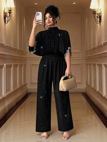 Bộ đồ liền thân tay ngắn thanh lịch cỡ lớn dành cho nữ, cổ đứng, dây buộc sau lưng, cổ tay áo thêu, thích hợp mặc hàng ngày và dự tiệc - màu đen - Xem 4