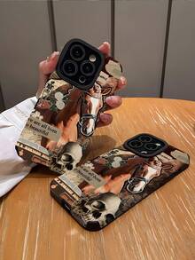 1pc Newspaper Collage Skull & Horse Pattern Textured Anti-Slip Anti-Drop Soft Leather Phone Case, Compatible With Apple And Galaxy 17/17AIR/17PRO/17PROMAX - Multicolor - View 3