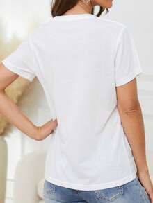 定制女式T恤，女式短袖T恤，可输入文字、标语、趣味字母、祝福语等，定制您专属的短袖T恤，趣味礼物，惊喜礼物，休闲女式外套，运动户外，女式运动服，植绒印花，适合外出/购物/节日/派对/聚会/旅行，白色夏季款 - 白色 - 查看 5