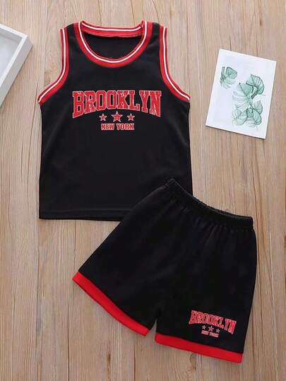 Young Boy Letter Graphic Tank Top And Shorts Casual Set