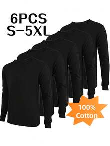 100% Pure Cotton, 6-Pack Of Men's Long-Sleeved T-Shirts, Suitable For Autumn Sportswear, Winter Layering, Workwear, And Can Be Used As Printed Fabric Templates.Men Gifts,Christmas - 黑色 - 查看 1