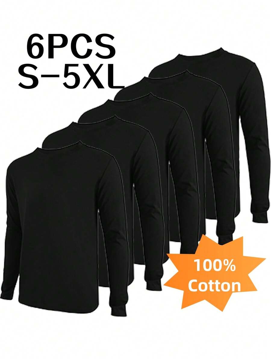 100% Pure Cotton, 6-Pack Of Men's Long-Sleeved T-Shirts, Suitable For Autumn Sportswear, Winter Layering, Workwear, And Can Be Used As Printed Fabric Templates.Men Gifts,Christmas - 黑色 - 查看 1
