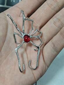 1pc Silver-Color Ruby Spider Ear Cuff, Gothic Style Pierced Ear Clip Vintage Earrings, Halloween Party Accessory - Silver - View 6