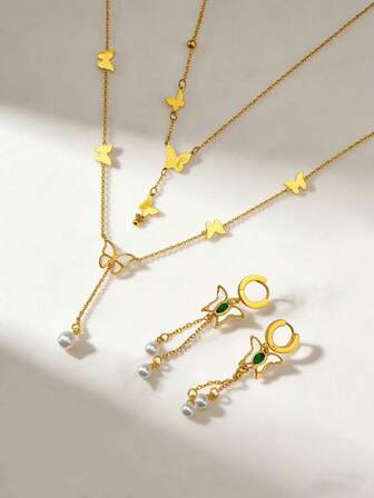 Elegant Butterfly Collection|18K Gold-Plated Stainless Steel Pearl Necklace / White Mother-Of-Pearl Pearl Earrings Crafted From Hypoallergenic Materials, This Collection Exudes An Elegant, Sophisticated Vibe-The Perfect Valentine's Day Gift For Her.