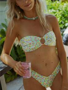 Women 2 Pieces Bikini Swimsuits Floral Print Padded Bra Strapless Tube Tops Thong Bottoms Beach Bathing Suit Set - 橄欖綠 - 查看 1