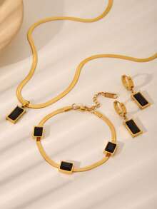 Ensemble de bijoux 4 pièces élégant et à la mode en acier inoxydable plaqué or avec pendentif rectangulaire en zircone verte, collier, bracelet et boucles d'oreilles, convient pour le port quotidien des femmes, les fêtes, les mariages, la fête des enseignants et autres occasions, cadeau de bijoux à la mode - or noir - Voir 6