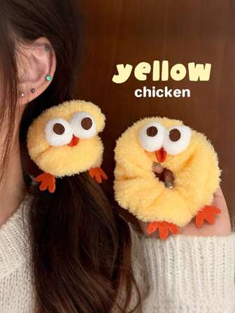 1/2 piezas Coletero suave y esponjoso con diseño de pollo amarillo lindo | Accesorio de pelo con diseño de animal suave para mujer | Accesorio de pelo suave y esponjoso para coleta/moño