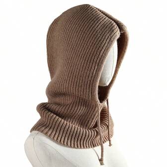 1 Stück Vintage gestrickter Balaclava Hut mit Schal, einfarbige Paar Beanie mit Kordelzug, Herbst/Winter