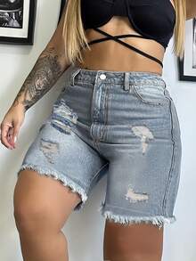 Pantalones cortos vaqueros de ciclista de talla grande con lavado con agua, diseño rasgado y desgastado con dobladillo deshilachado, ajuste elástico casual de alta calle - Lavado ligero - Ver 1