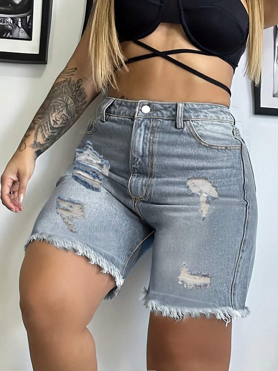 Pantalones cortos vaqueros de ciclista de talla grande con lavado con agua, diseño rasgado y desgastado con dobladillo deshilachado, ajuste elástico casual de alta calle - Lavado ligero - Ver 1