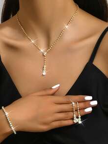 Women's Silver-Tone Rhinestone 3 PiecesJewelry Set (Y-Necklace+Long Earrings+Bracelet) - Modern Formal Wear Jewelry