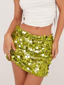 Women's Sparkly Sequin Mini Skirt Mid Rise Slim Fit Bodycon Short Skirt - Green - View 3