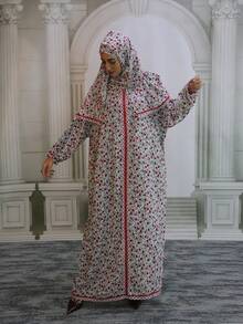 Plus Size Women's Floral Lace Trim Hooded Robe, Woven Fabric, Zipper Closure, Elegant & Comfortable Abaya For All Seasons Vacation Spring Fall - Multicolor - View 5