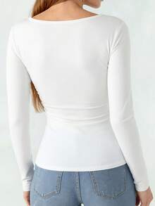 Women's White U-Neck Long Sleeve Shirt - Slim Fit Stretchy Basic Top, Suitable For Spring, Summer, Autumn Layering Or Wearing Alone - White - View 2