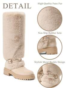 Winter Knee High Snow Boots Faux Fur Round Toe Buckle Platform Heel Boots Christmas Outfit Outdoor Plush Fashion Shoes - 米色 - 查看 5