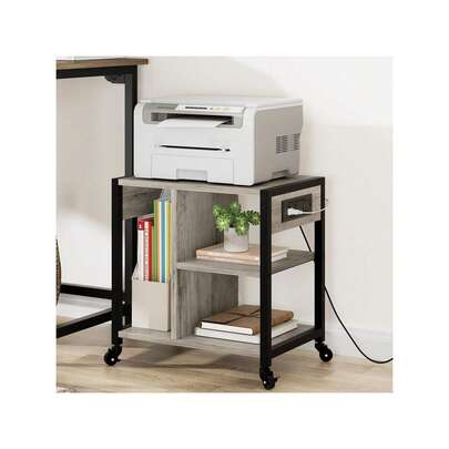 Soporte de impresora de escritorio con estación de carga, Mesa de impresora industrial con 3 estantes de almacenamiento, Carrito de impresora pesada móvil con ruedas bloqueables para almacenamiento de papel, Oficina en casa