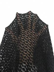 Black Deep V Neck Hollow Out Dress Women's Long Sleeve Beach Cover Up - Black - View 11