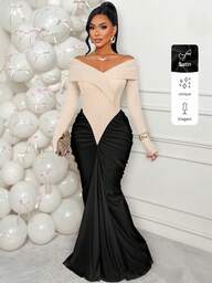 AIJ Amarilo Black And White Splicing Sexy Off Shoulder Ruffle Neck Long Sleeve Irregular Ruched Pleated Waist Design Slim Maxi Elegant Party Dress With Knitted Stretch Fabric, Christmas Women's Clothing, New Year Clothes, Graduation Dress, Prom Dress, Fall/Winter Clothes For Women