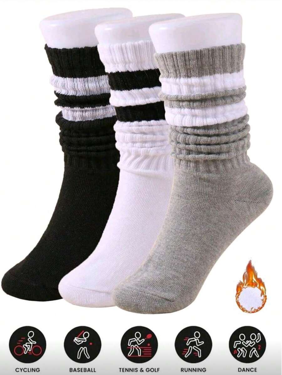 3 pares de calcetines holgados de punto a rayas para mujer, calcetines holgados a rayas, calcetines caídos, calcetines hasta el tobillo, suaves y cómodos, cálidos y transpirables, opciones de moda en negro, blanco y gris, perfectos para senderismo, vuelta al colegio, regalos de Halloween y Navidad, acogedores y cálidos - Multicolor - Ver 1