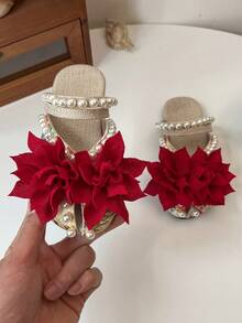 1 Pair Girls' Slippers With Large Red Flower And Pearl Decor, Comfortable Soft Non-Slip Flip Flops, Suitable For Daily Casual Wear And Holiday Parties - Red - View 4