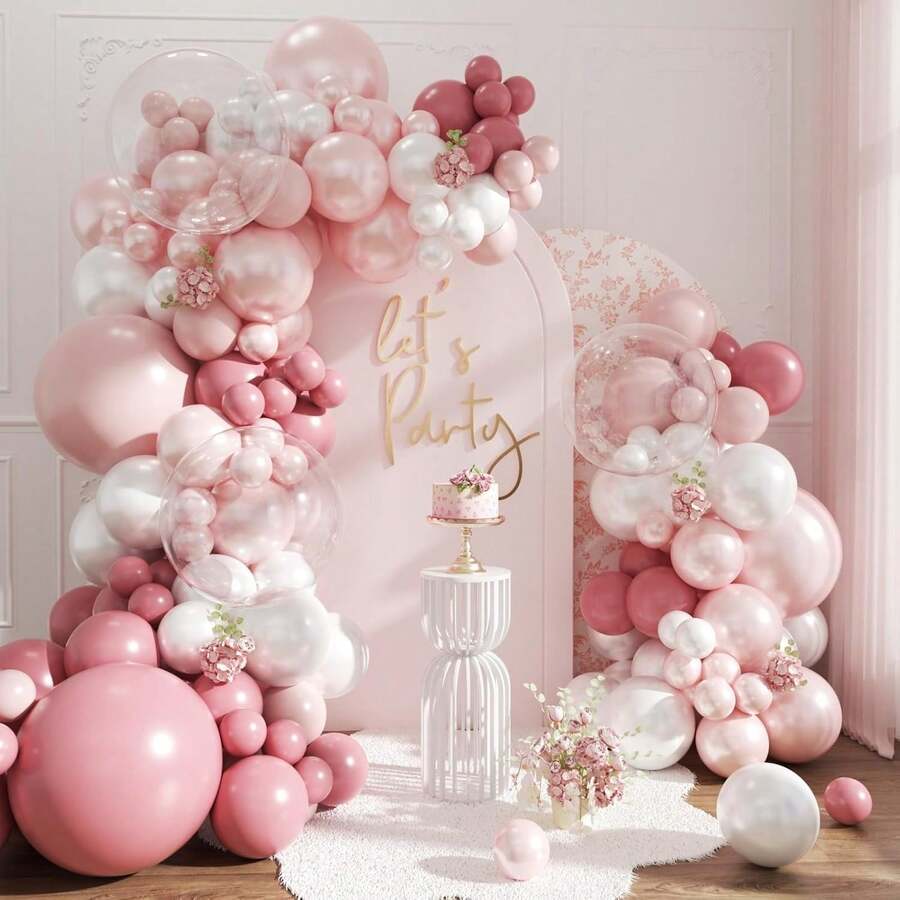 108pcs Gray & Pink Balloon Arch Kit, Includes Vintage Pink, Pearl Pink, Pearl White, Clear Balloons, Multiple Sizes, Suitable For Wedding, Birthday, Baby Shower, Bridal Shower Party Decoration - Multicolor - View 1