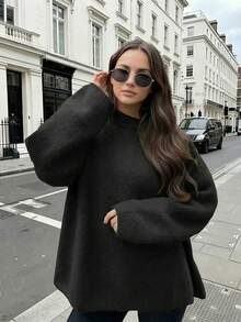 Damen Retro Grüner Rundhals Langarm Pullover, eleganter Strickpullover für den Lässig Alltag, Herbst/Winter - Schwarz - Übersicht 5