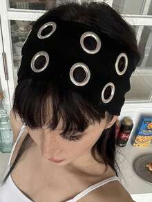 1pc Hollow Circle Elastic Headband, Y2K Retro Punk Rock Music Festival Headpiece Hair Accessories - Round Hole Hairband - View 3