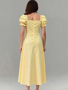 女士优雅褶皱胸部花瓣袖A字连衣裙，系带腰身，春夏黄色连衣裙 - 黃色 - 查看 3