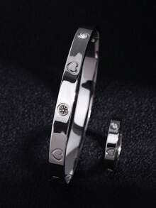 2pcs Stainless Steel Fashion Bracelet Set, High-Quality Heart Diamond Bracelet & Ring Set, 1 Bracelet + 1 Ring, Suitable For Girls, Boys, Daily Wear, Parties, Music Festivals, Great Gift For Girlfriend, Sister, Mom On New Year, Holiday, Wedding Anniversary - Silver - View 5