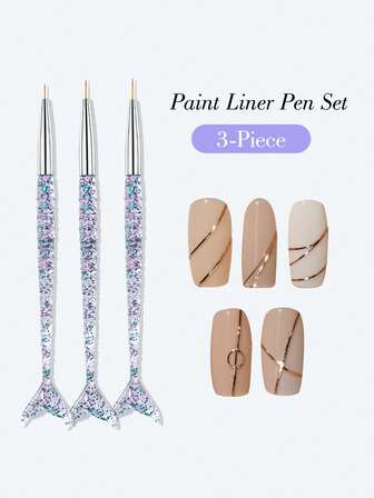 3 Piezas/1 Pieza Bolígrafo de arte de uñas con cola de pez con cordón, bolígrafo de relleno de polvo con cola de pez con cabeza redonda para terapia de luz, herramienta de arte de uñas para principiantes, diseño de cola de pez simple y elegante, brillante y de moda en estilo coreano, puede dibujar líneas simples, pétalos, fuegos artificiales y patrones con cordón, portátil para viajar