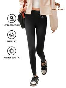 CAMEL CROWN 女士瑜伽裤，轻便防晒裤，户外跑步黑色紧身打底裤