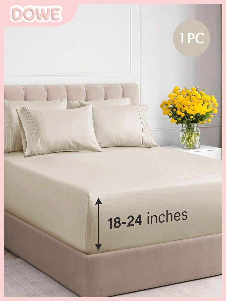 1pc Solid Color Polyester Fitted Sheet, Mattress Protector Cover, Deep Pocket Design, Soft & Breathable, Fits Mattress Height Up To 60cm - Khaki - View 1
