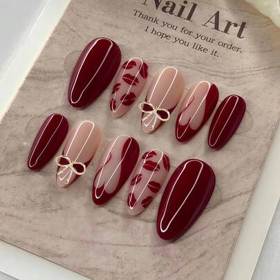 30 piezas de pegatinas de uñas acrílicas con forma de almendra de color rojo con labios/corazón, set de uñas postizas 3D estilo Y2K con decoración de lazos, adecuado para salones de uñas, niñas y mujeres para uso diario, vacaciones y regalos de suministros para uñas